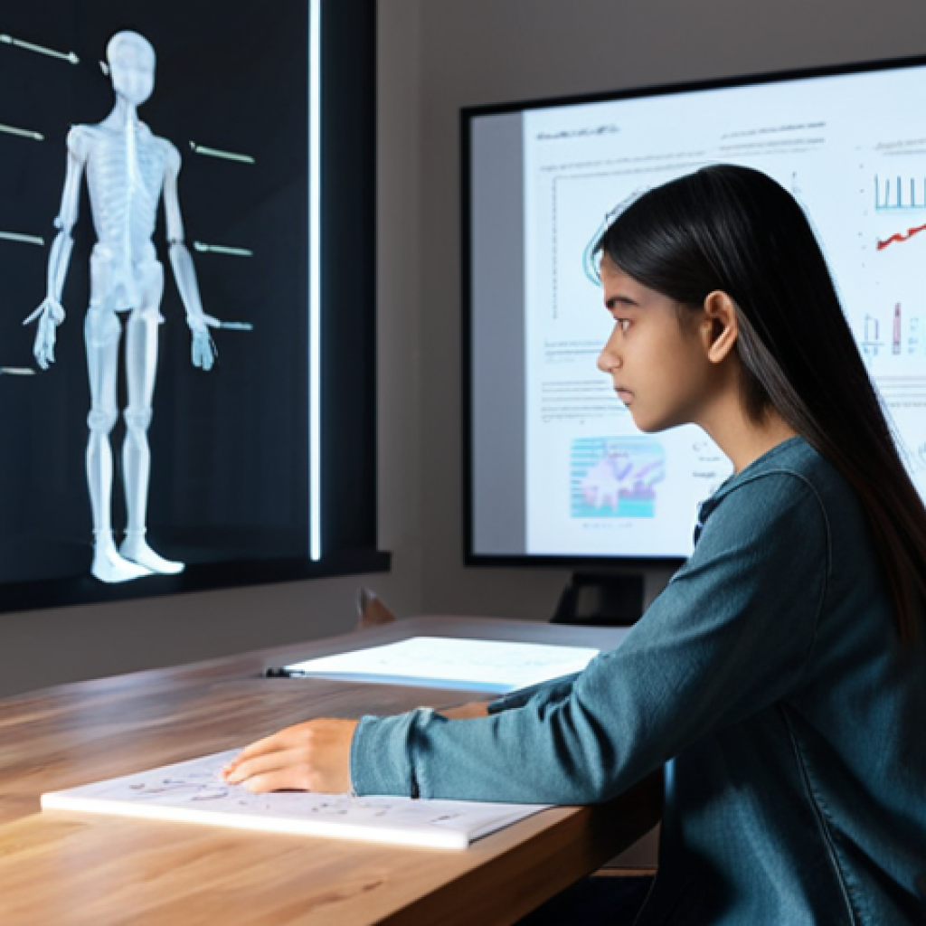 A young, diverse student, aged 15, fully clothed in modest, casual attire, sitting attentively at a contemporary wooden desk in a minimalist, well-lit study room. The student is focused on a subtle, glowing holographic interface, depicting a personalized AI tutor displaying educational diagrams and text. The scene conveys focused learning, highlighting AI's role in individual potential. Perfect anatomy, correct proportions, natural pose, well-formed hands, proper finger count, natural body proportions. Safe for work, appropriate content, fully clothed, professional, high-quality photograph, soft studio lighting.