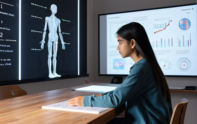 A young, diverse student, aged 15, fully clothed in modest, casual attire, sitting attentively at a contemporary wooden desk in a minimalist, well-lit study room. The student is focused on a subtle, glowing holographic interface, depicting a personalized AI tutor displaying educational diagrams and text. The scene conveys focused learning, highlighting AI's role in individual potential. Perfect anatomy, correct proportions, natural pose, well-formed hands, proper finger count, natural body proportions. Safe for work, appropriate content, fully clothed, professional, high-quality photograph, soft studio lighting.