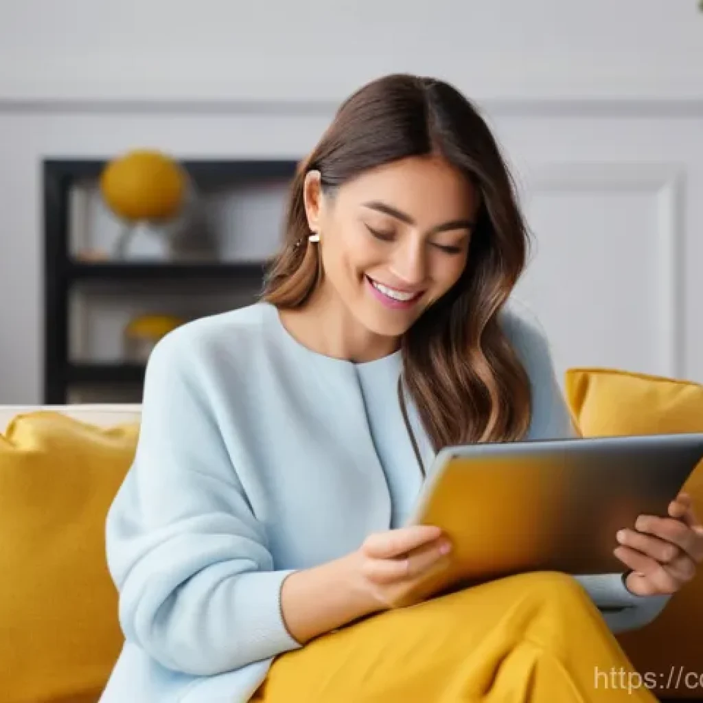 AI 기반 전자상거래 추천 시스템 - **Prompt:** A young, fashionably dressed woman in her late 20s is comfortably seated on a sofa in a ...