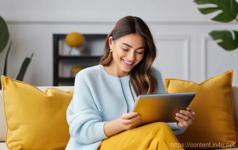 AI 기반 전자상거래 추천 시스템 - **Prompt:** A young, fashionably dressed woman in her late 20s is comfortably seated on a sofa in a ...